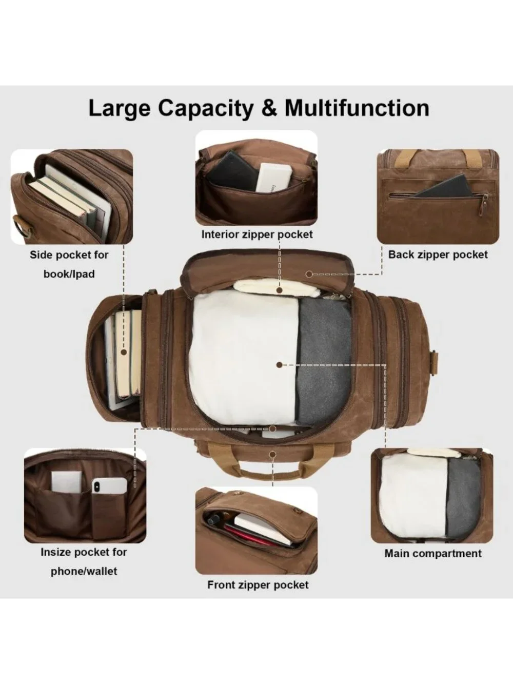 Spacious 50L Waxed Canvas Duffel Bag in Coffee - Durable, Stylish Travel Tote